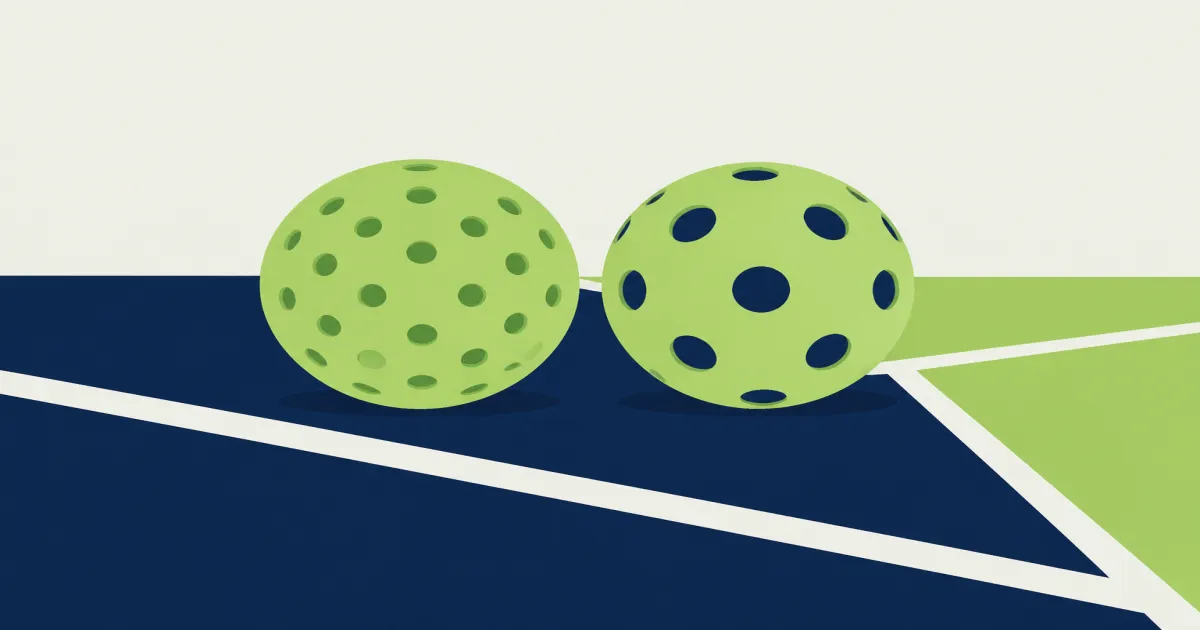Indoor and outdoor pickleball balls side by side on a hard court