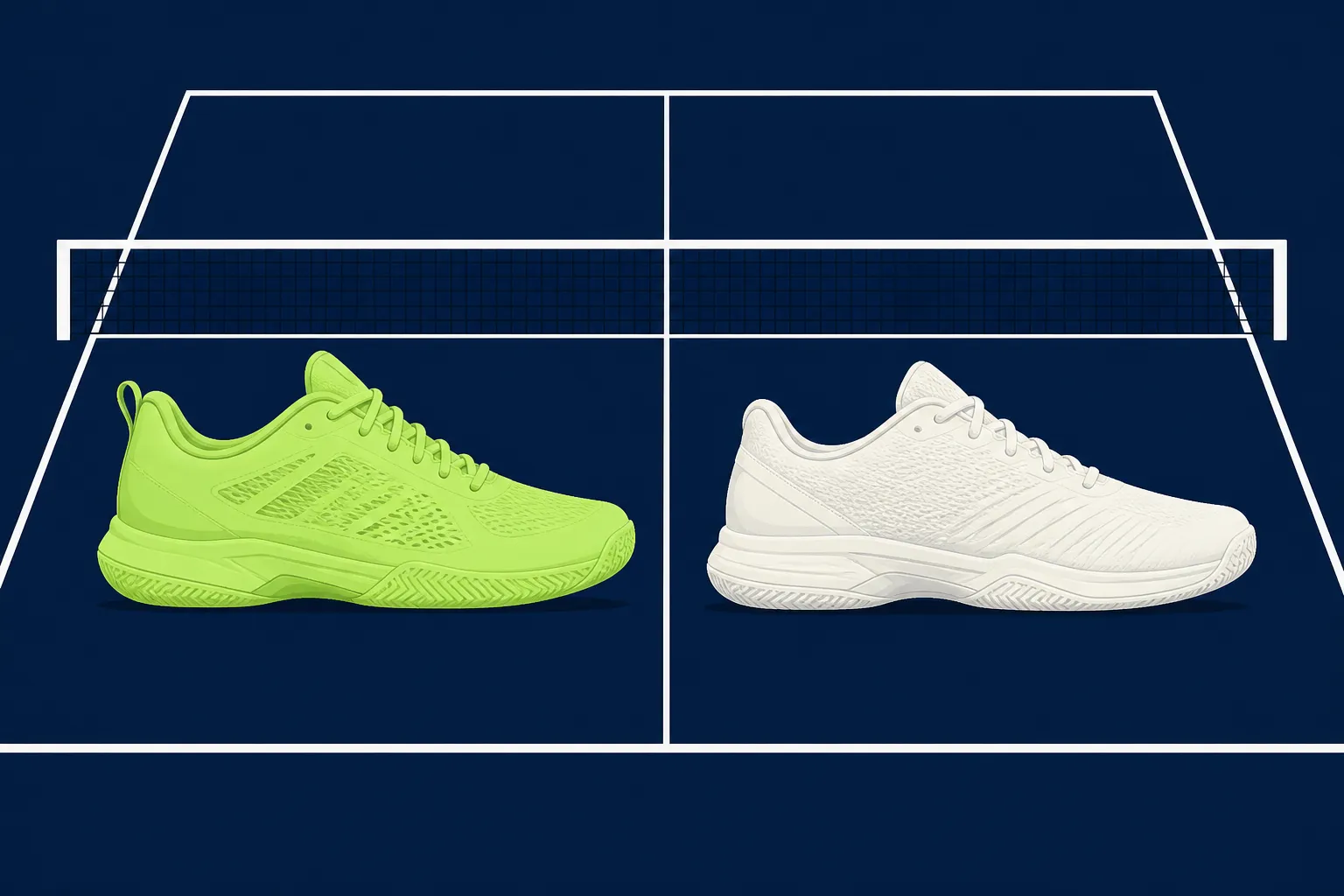 Side by side comparison of pickleball court shoes and tennis shoes on outdoor court